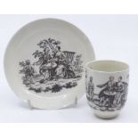 Rare Liverpool coffee cup and saucer decorated with a transfer prints of the tea party with a page