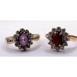 A pair of 9ct gold dress rings: An amethyst and diamond cluster ring, hallmarked 9ct gold. Size O;
