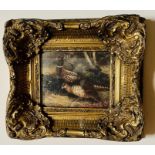 20th century oil on canvas, pheasants foraging, in a gilt carved frame with glazing. ***Offsite
