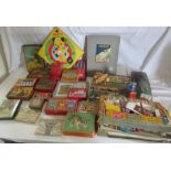 Large collection of toys , games , old tins , box of Hornby train set track and other items