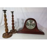 20th C clock and a pair of barley twist candlesticks 36.5cm high