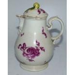 Late 18th - early 19th C Vienna hot water jug and cover , decorated with puce flowers , bee hive