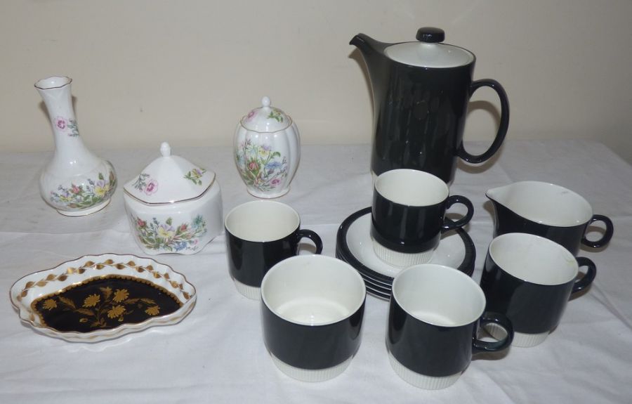 Aynsley part lot  and a black and white  Poole coffee pot , cream jug with 5 cups and 4 saucers (