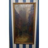 Frank Shayler 'Fish Street, Shrewsbury An Evening Shower oil on canvas , C1900  48.5cm x 23cm