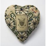 WWI sweetheart pin cushion, Gloucestershire Regiment, beaded with silver thread detail, silk badge