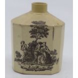 English creamware tea canister circa 1780 . Printed with scenes of Harlequin and Columbine  and a