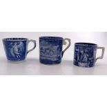 Early 19th century pearlware Greek pattern custard cup , a coffee can with a scene of a town and 2