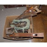 Box of old tools , to include 2 saws , spirit level , a plain and other items . (1 box )