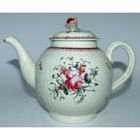 English pearlware globular teapot with a flower finial , decorated with hand painted flowers ,