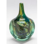 A Mdina glass cube vase, in tones of blue/green/yellow, signed Eric Dobson, dated 1977, approx 18.