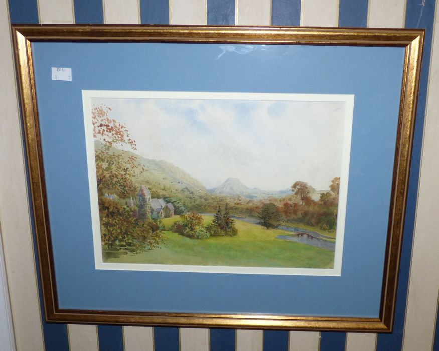 2x blue mounted watercolours 1x Ilam Hall 1x church & Ilam / Thorpe Cloud  C1897 , They measure - Image 2 of 3