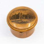 A Victorian Mauchlin ware circular sewing box, transfer printed scene of Holyrood Palace, the cover