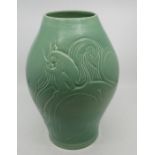 An Art Deco Susie Cooper green glazed pottery vase, moulded with squirrels, incised mark "Susie