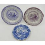 A rare pearlware Brameld Winter scene small plate 11cm and 2 toy plates with transfer prints "