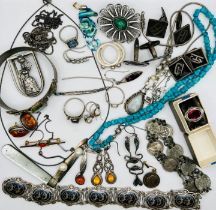 A collection of sterling silver, 925 stamped and unmarked white metal jewellery and decorative