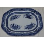 A blue and white transfer printed canted rectangular meat dish, the centre with scattered flower