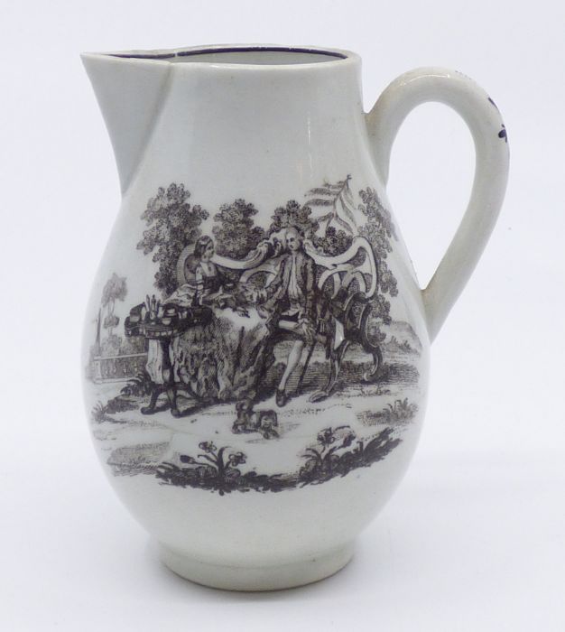 Worcester jug decorated with a transfer prints of the tea party and maid with a  page pattern ,