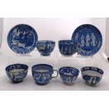 2 early 19th century pearlware transfer printed cups and saucers and 3 teabowls and a hand painted