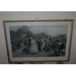 Large over mantel gilt framed mirror, glass 66cm x 117cm  A print , A Village Wedding 46cm x 78cm (