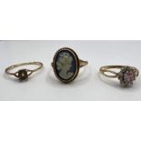 A trio of 9ct gold rings - one a blue cameo (size S); one set with a pink stone (size L) and a blue