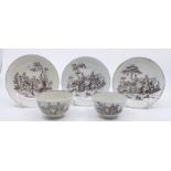 3 Worcester saucers and 2 teabowls decorated with a transfer prints of the tea party and maid with