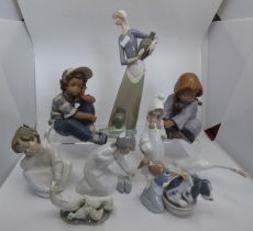 A collection of Lladro figures 2 of which are seated boy and girl  tallest figure stands 33cm