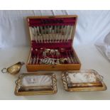 A boxed plated canteen of cutlery, 2 plated tureens and a sauce boat ( 4 )  tureens 26cm x 18cm