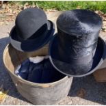 Vintage Top Hat with box, and a Bowler Hat.