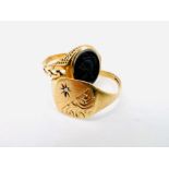 A pair of 9ct gold signet rings - one set with a black cameo of a centurion in profile (size S), the