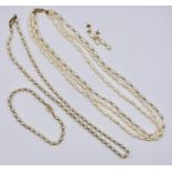 A three strand keshi pearl necklet with matching earrings in 9ct gold, plus a cultured pearl and 9ct