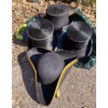 Selection of vintage Top Hats and a tri-corn hat.