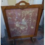 arts and crafts style wooden framed embroidered silk fire screen  49cm x 55cm