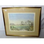 Framed watercolour landscape of North Cove Marshes, Suffolk, signed Scott Bolton 1984 27cm x 36cm