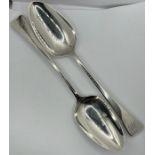 A pair of Georgian silver tablespoons, London 1799/1800, engraved with initials HB. Sponsors mark
