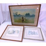 A group of 3 pictures to include a framed colour lithograpgh depicting huntsmen in early morning