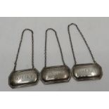 3 silver spirit decanter labels , sherry , whisky and brandy Birmingham 1949 approx 30 grams