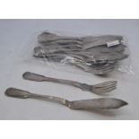 A set of twelve German silver fish knives and forks, early 20th Century fiddle and thread pattern,