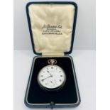 An Edwardian Sterling silver pocket watch by JW Benson of London in fitted case. A/f - crystal is