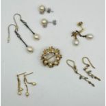 A selection of pearl jewellery to include: A 9ct gold wreath brooch with eight cultured pearls (