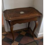 A North Italian oak walnut and marquetry inlaid side table, 19th Century, the shaped top entered