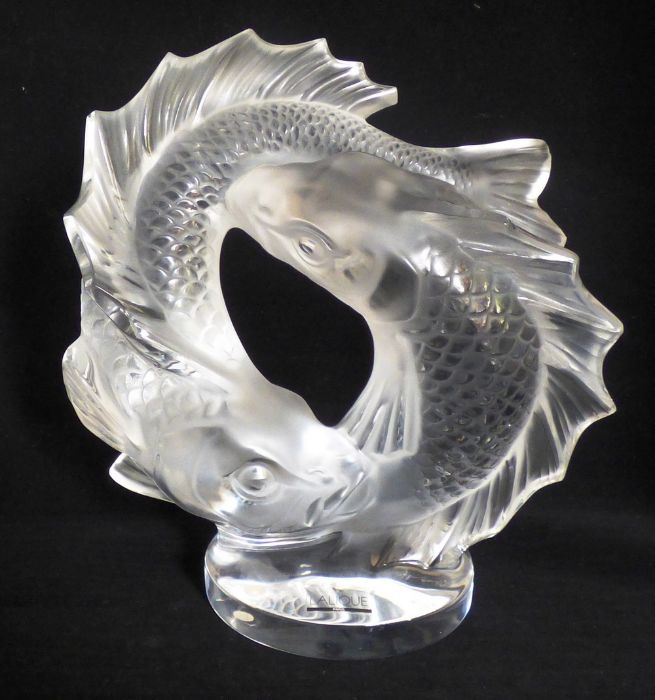 Deux Poissons, a contemporary crystal Lalique clear and frosted glass model of two fish, engraved