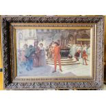 L. Muller Italian Renaissance scene with numerous figures by a fountain, buildings beyond, signed