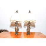 A pair of bronze table lamps modelled as female water carriers wearing flowing drapery, circular