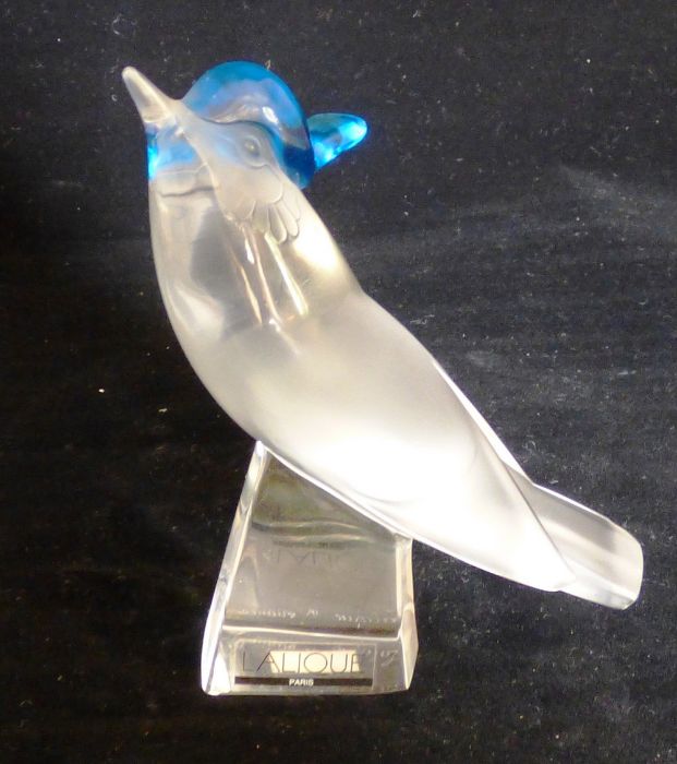 Pimlico tete. a contemporary Lalique crystal clear, frosted and blue crystal model of a jay, on