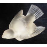 Sparrow, a contemporary Lalique frosted crystal sparrow with wings outstretched. model 11633, etched