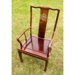 A Chinese Ming style hardwood open armchair, 20th century, shaped top rail, pierced back splat,