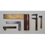 A Bridge City Tool Works TS-2 8in, brass and rosewood square, a Preston 4in. steel square, a brass