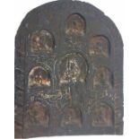A 19th century Tibetan carved hardwood panel, depicting Buddhist deities, height 46cm.