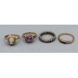 A selection of four rings comprising a 9ct gold amethyst and cubic zirconia cluster ring, size K,