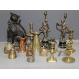 Two boxes of metalwares, including figural table lamps, wrought iron candlestand, miniature and